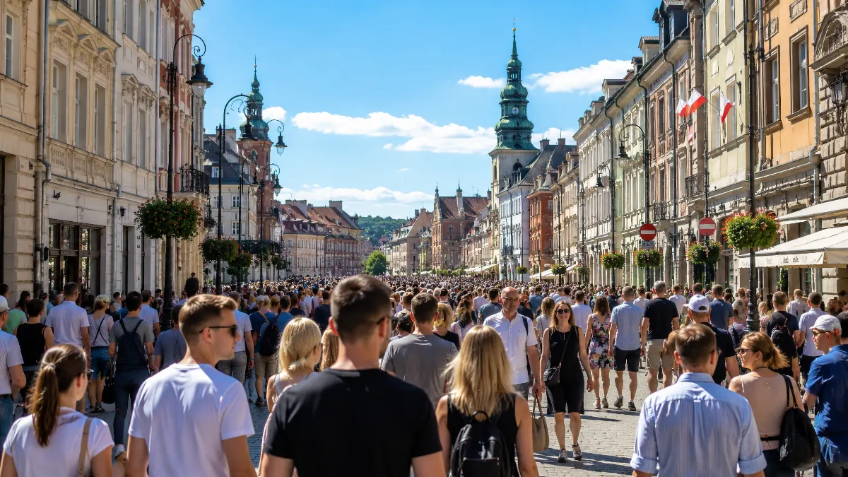 Tłum ludzi na ulicy polskiego miasta w słoneczny dzień